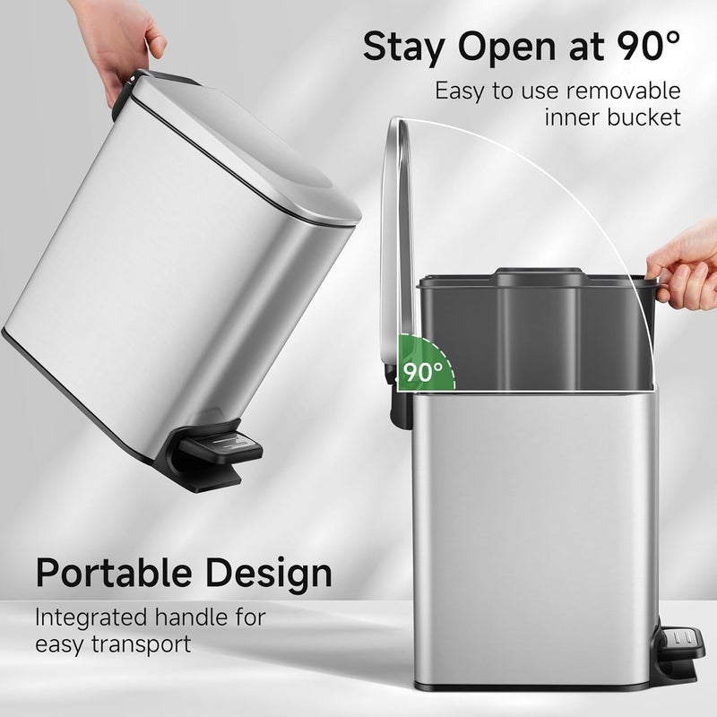 TIPGO Slim Bathroom Trash Can with Lid Soft Close, Step Pedal, 6 Liter / 1.6 Gallon Stainless Steel Trash Bin, Small Garbage Cans for Bedroom, Office, Kitchen (Silver) - Image 2